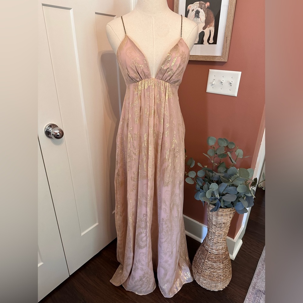 Helen Wang New York pale pink gold embossed maxi gown empire waist 4 chain dress